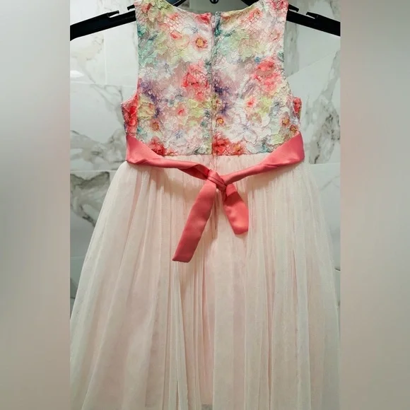 Bonnie Jean Floral Lace Dress with Pink Tulle Skirt - Picture 3 of 9